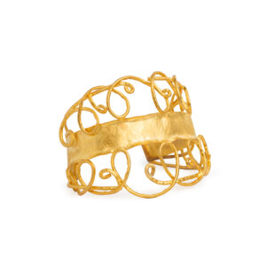 Gold Wire Cuff featuring 24k gold-plated wirework with intricate loops and swirls, adjustable open design.