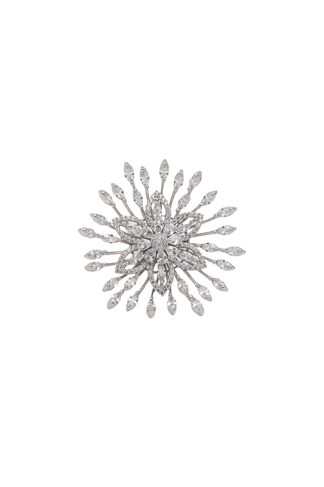 Rhodium Silver Starburst Ring by Meraki by Rashmi Bajaj – AAA American diamond statement ring